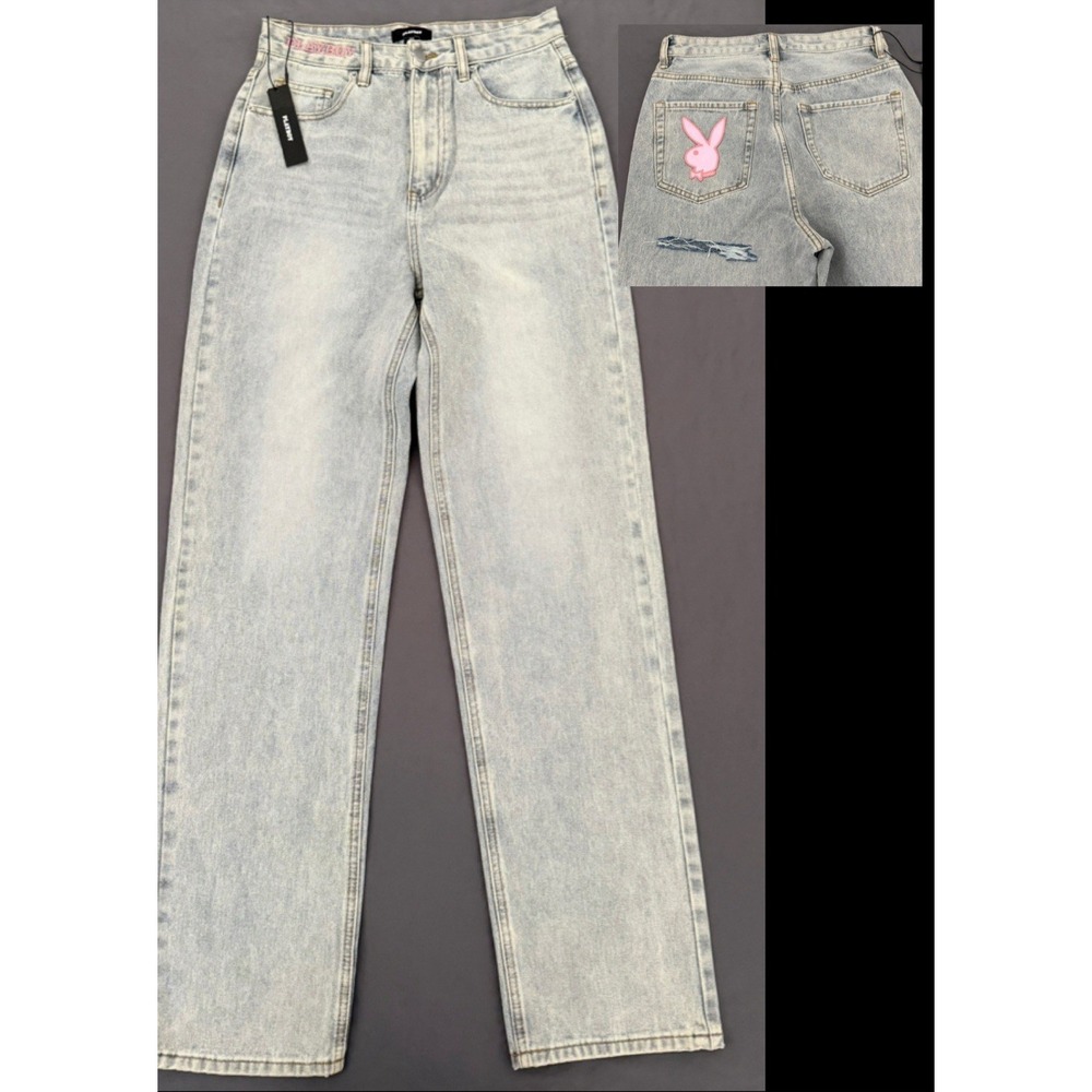 Playboy Bunny 90'sBoyfriend Jeans Womens Size 27 Light Wash Ripped High Rise NEW